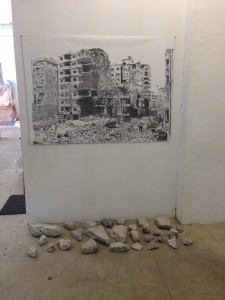 Rubble Series: Iraq, 2014, graphite on paper, concrete rubble