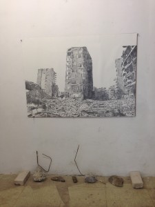 Rubble Series: Lebanon I, 2014, graphite on paper, concrete rubble