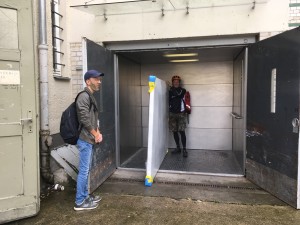 Oscar Martin Valdespino helping with de-install, grateful for freight elevators