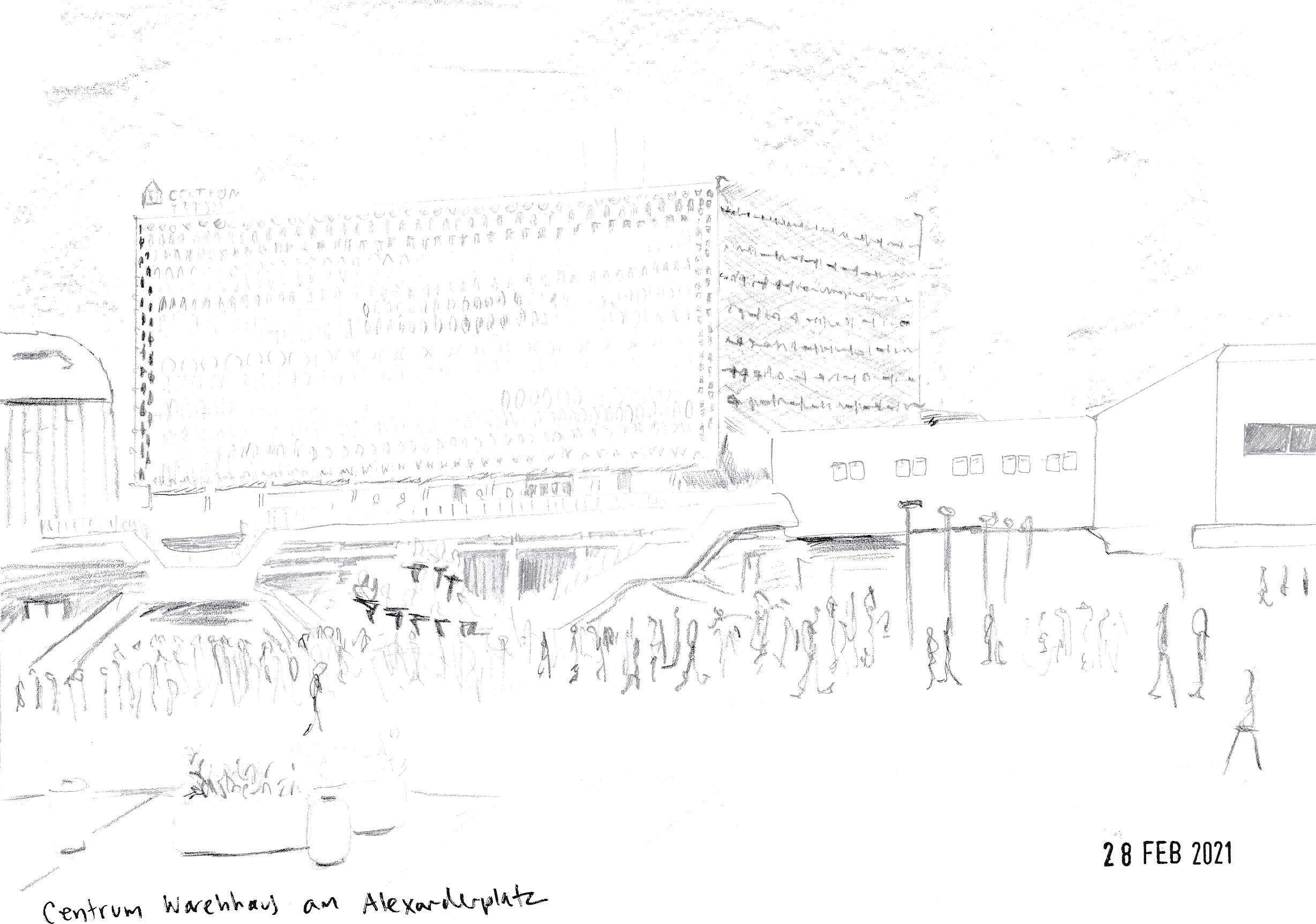 Centrum Warenhaus Alexanderplatz, 2021, pencil on paper, 15 x 21 cm